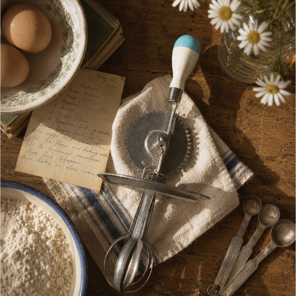 Vintage A&J Hand Crank Egg Beater Whisk Wood Handle Made in USA Cottage Trad MCM